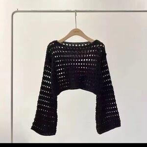 Black Crochet Open-Knit Crop Sweater
